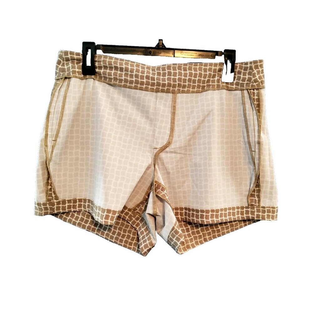 SPANX Tan Check 4" SUNSHINE Pull On 4Way Stretch Pocket SHORTS Womens LARGE NEW - Picture 4 of 8